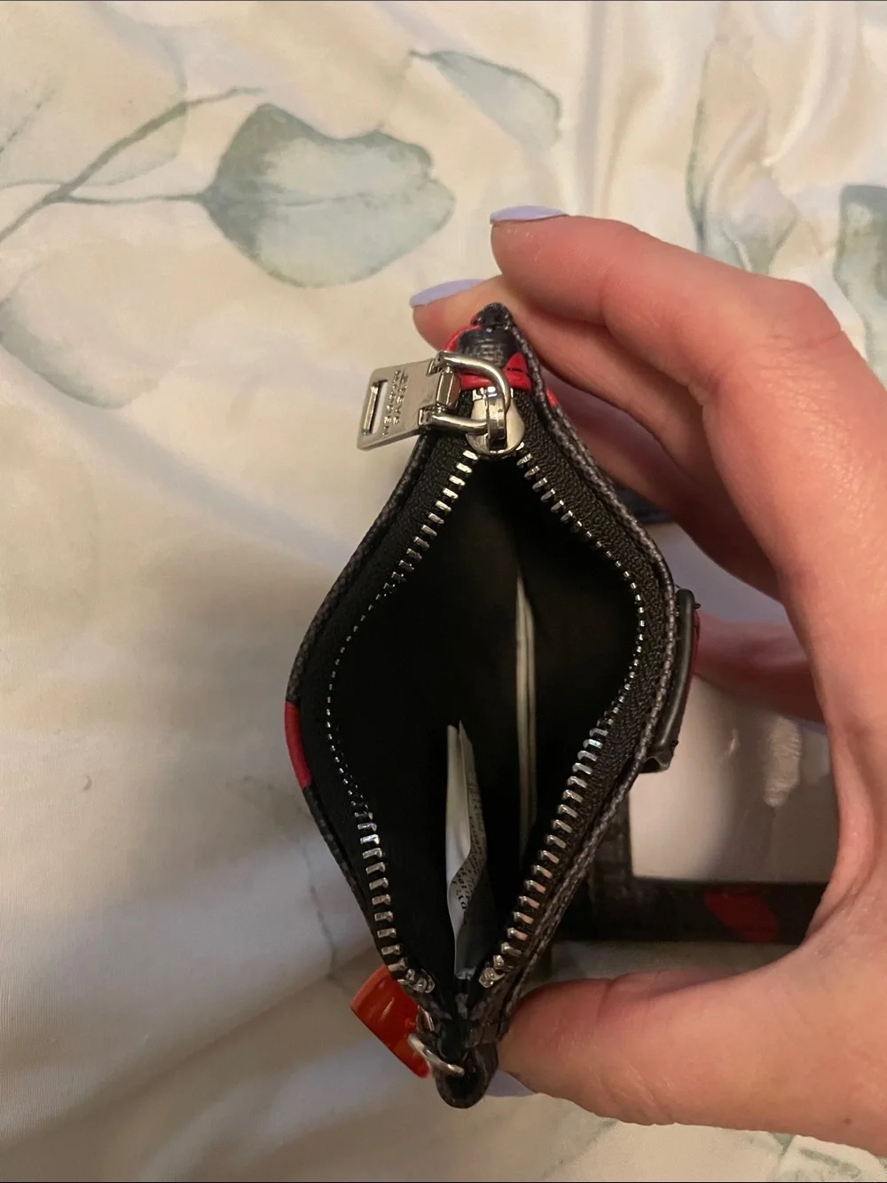 Steve Madden Black Card Holder with Red Heart Print and Charm